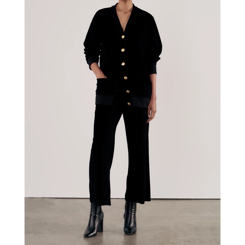 Nili Lotan Black Velvet Button Cardigan and Wide-Leg Pants Set